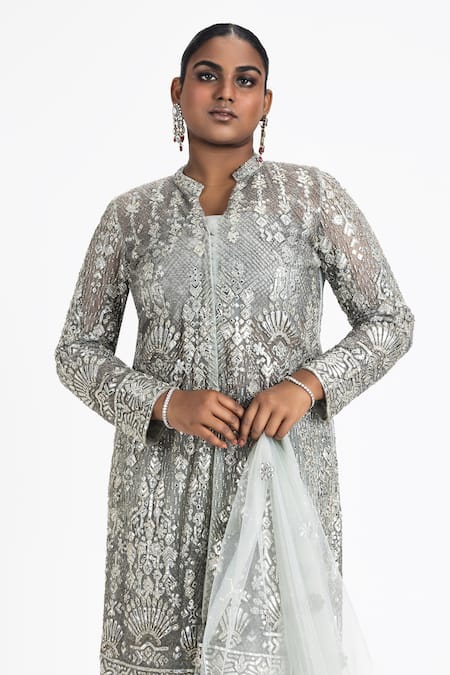 Buy_Nitika Gujral_Grey Net, Silk Beads, Sequins, Crystals Mandarin Embroidered Jacket Trouser Set _Online_at_Aza_Fashions