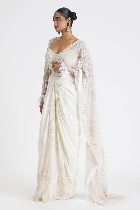 Nitika Gujral_Ivory Satin Embroidery Dori Sweetheart Neck Pre-draped Saree With Pearl Blouse _Online_at_Aza_Fashions
