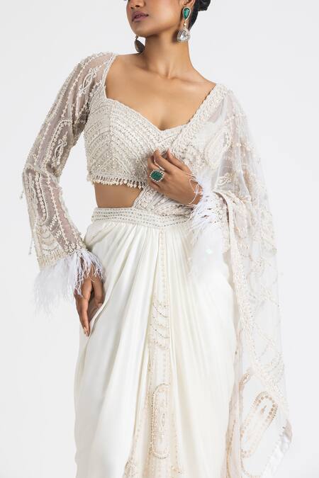 Buy_Nitika Gujral_Ivory Satin Embroidery Dori Sweetheart Neck Pre-draped Saree With Pearl Blouse _Online_at_Aza_Fashions