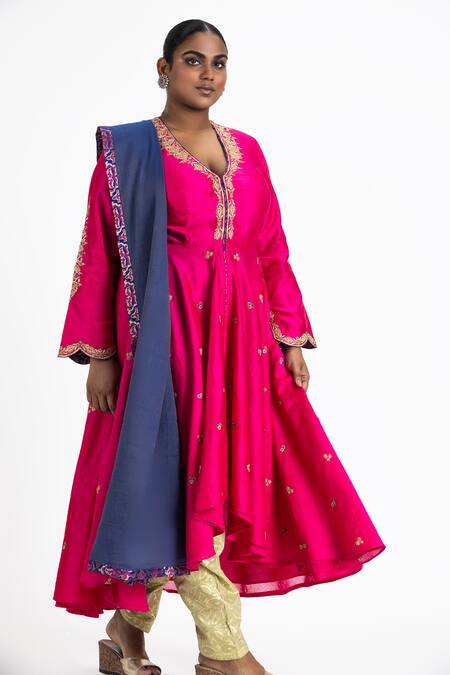 Nitika Gujral Fuchsia Brocade, Chanderi, Tissue Sequins, Embroidered Anarkali Trouser Set Online at Aza Fashions Nitika Gujral_Fuchsia Brocade, Chanderi, Tissue Sequins, Embroidered Anarkali Trouser Set _Online_at_Aza_Fashions