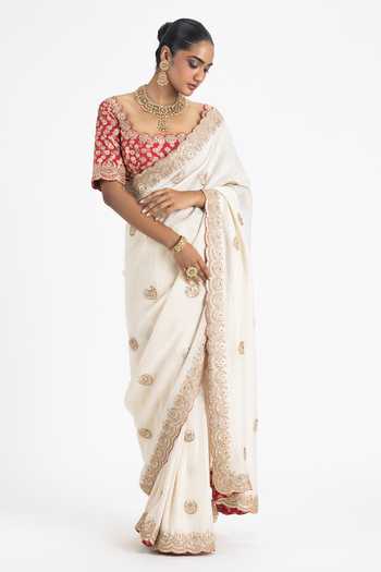 Buy Nitika Gujral Ivory Georgette, Brocade Embroidery, Beads Scoop Floral Butti Saree With Blouse at Aza Fashions Buy_Nitika Gujral_Ivory Georgette, Brocade Embroidery, Beads Scoop Floral Butti Saree With Blouse _at_Aza_Fashions