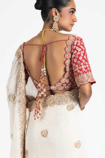 Shop Nitika Gujral Ivory Georgette, Brocade Embroidery, Beads Scoop Floral Butti Saree With Blouse at Aza Fashions Shop_Nitika Gujral_Ivory Georgette, Brocade Embroidery, Beads Scoop Floral Butti Saree With Blouse _at_Aza_Fashions