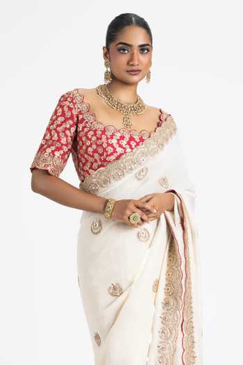 Nitika Gujral Ivory Georgette, Brocade Embroidery, Beads Scoop Floral Butti Saree With Blouse Online at Aza Fashions Nitika Gujral_Ivory Georgette, Brocade Embroidery, Beads Scoop Floral Butti Saree With Blouse _Online_at_Aza_Fashions