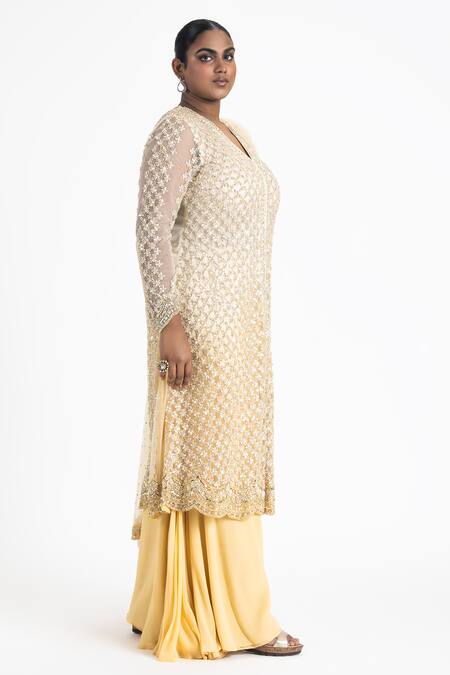Nitika Gujral_Gold Net, Georgette, Satin Sequins, Beads V-neck Embellished Jacket Sharara Set _Online_at_Aza_Fashions