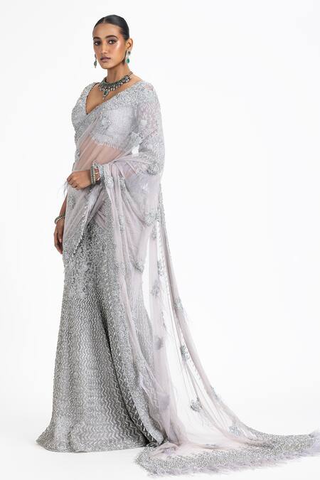 Nitika Gujral_Grey Net, Satin Beads, Pre-draped Sequin Embellished Skirt Saree With Blouse _Online_at_Aza_Fashions