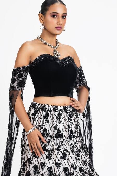 Buy Nitika Gujral Off White Velvet, Net Embroidery, Sequins Floral Fish Tail Skirt With Blouse Online at Aza Fashions Buy_Nitika Gujral_Off White Velvet, Net Embroidery, Sequins Floral Fish Tail Skirt With Blouse _Online_at_Aza_Fashions