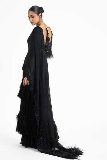 Shop Nitika Gujral Black Georgette Sequins, Crystals, Pre-draped Saree With Embellished Blouse at Aza Fashions Shop_Nitika Gujral_Black Georgette Sequins, Crystals, Pre-draped Saree With Embellished Blouse _at_Aza_Fashions