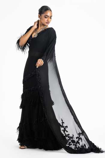 Nitika Gujral Black Georgette Sequins, Crystals, Pre-draped Saree With Embellished Blouse Online at Aza Fashions Nitika Gujral_Black Georgette Sequins, Crystals, Pre-draped Saree With Embellished Blouse _Online_at_Aza_Fashions
