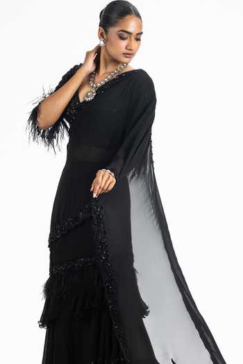 Buy Nitika Gujral Black Georgette Sequins, Crystals, Pre-draped Saree With Embellished Blouse Online at Aza Fashions Buy_Nitika Gujral_Black Georgette Sequins, Crystals, Pre-draped Saree With Embellished Blouse _Online_at_Aza_Fashions