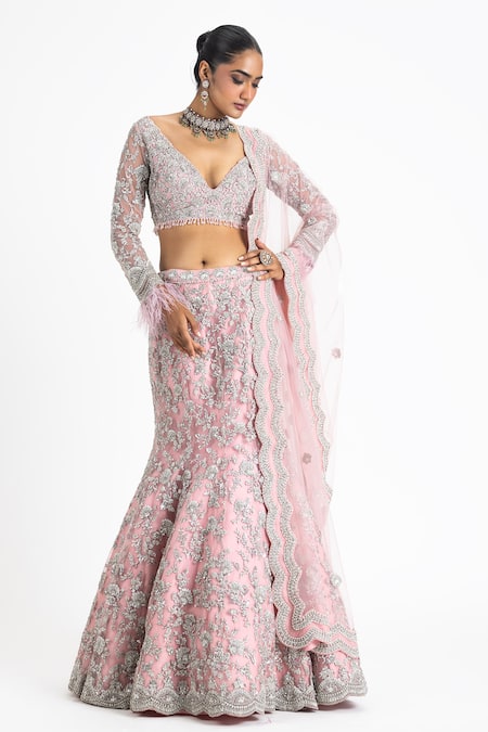 Buy Silver Pink Sequins Embroidered Net Sangeet Lehenga Online | Samyakk