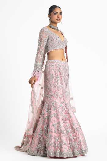 Nitika Gujral_Pink Net, Satin Sequins, Zari, Crystals Floral Embellished Fish Tail Lehenga Set _Online_at_Aza_Fashions
