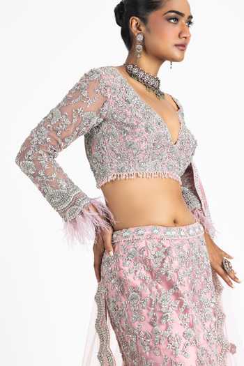 Buy_Nitika Gujral_Pink Net, Satin Sequins, Zari, Crystals Floral Embellished Fish Tail Lehenga Set _Online_at_Aza_Fashions