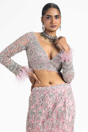 Shop_Nitika Gujral_Pink Net, Satin Sequins, Zari, Crystals Floral Embellished Fish Tail Lehenga Set _Online_at_Aza_Fashions