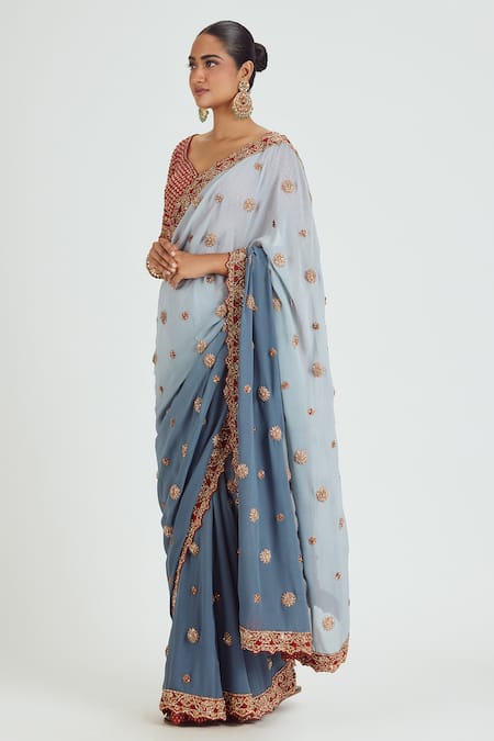 Nitika Gujral_Grey Georgette, Silk Sequins, Floral Butti Embellished Saree With Blouse _Online_at_Aza_Fashions