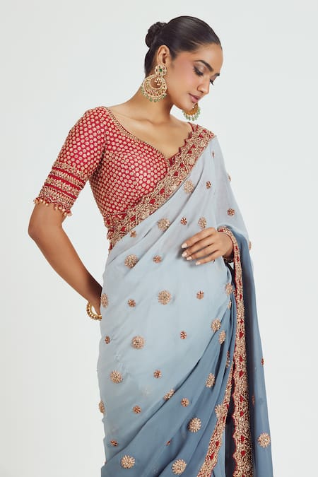 Buy_Nitika Gujral_Grey Georgette, Silk Sequins, Floral Butti Embellished Saree With Blouse _Online_at_Aza_Fashions