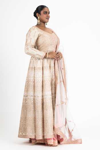 Nitika Gujral_Ivory Organza, Georgette Sequins, Resham Embroidered Anarkali Jacket Sharara Set _Online_at_Aza_Fashions