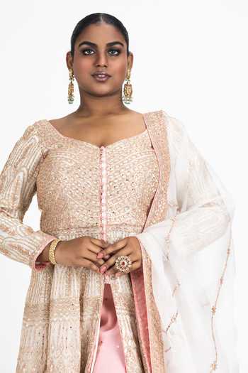 Buy_Nitika Gujral_Ivory Organza, Georgette Sequins, Resham Embroidered Anarkali Jacket Sharara Set _Online_at_Aza_Fashions