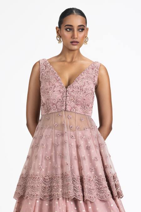 Nitika Gujral_Pink Net, Organza Sequins, Beads, Embroidery V-neck Peplum Jacket Lehenga Set _Online_at_Aza_Fashions