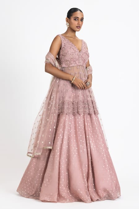 Buy_Nitika Gujral_Pink Net, Organza Sequins, Beads, Embroidery V-neck Peplum Jacket Lehenga Set _Online_at_Aza_Fashions