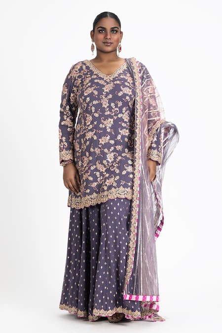 Nitika Gujral Purple Georgette Embroidered And Woven Sequin V Neck Kurta Banarasi Sharara Set 