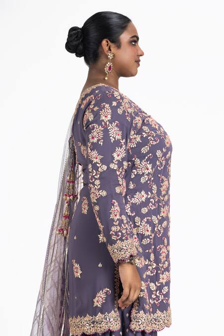 Nitika Gujral_Purple Organza, Georgette Sequins, Beads, Gota Patti, Kurta Banarasi Sharara Set _Online_at_Aza_Fashions