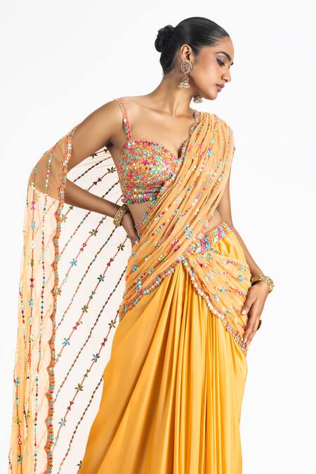 Buy Orange Satin Embroidered Thread Pre-draped Saree And Blouse