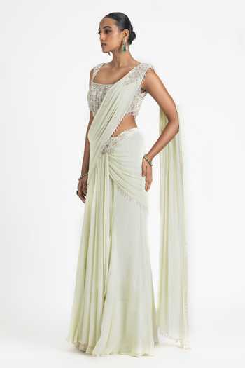 Nitika Gujral_Green Georgette, Satin Sequins, Beads, Pre-draped Embroidered Saree And Blouse Set _Online_at_Aza_Fashions