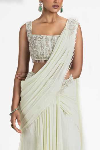Buy_Nitika Gujral_Green Georgette, Satin Sequins, Beads, Pre-draped Embroidered Saree And Blouse Set _Online_at_Aza_Fashions