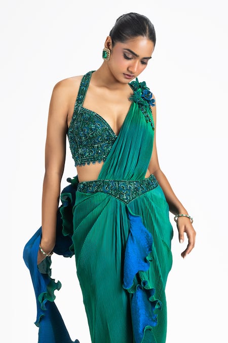 Nitika Gujral Green Polyester, Lycra Applique, Sequins, Pre-draped Pleated Saree And Blouse Set Online at Aza Fashions Nitika Gujral_Green Polyester, Lycra Applique, Sequins, Pre-draped Pleated Saree And Blouse Set _Online_at_Aza_Fashions