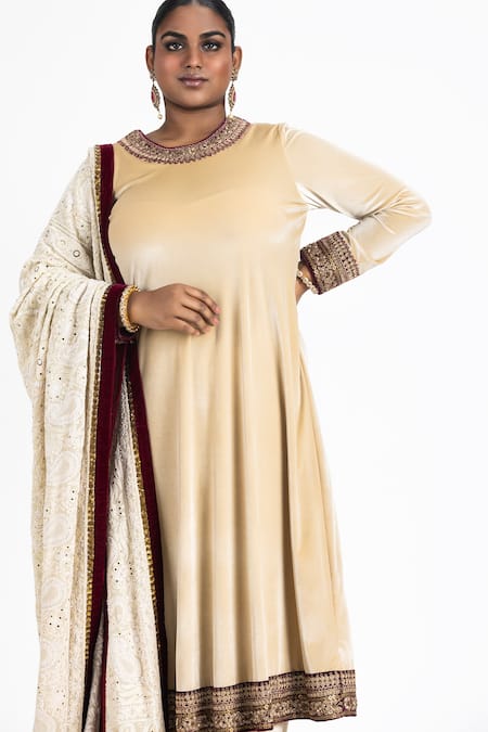 Buy_Nitika Gujral_Beige Velvet, Georgette Zari, Kurta Palazzo Set With Chikankari Work Dupatta _Online_at_Aza_Fashions