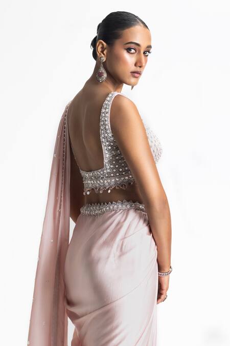 Buy Nitika Gujral Pink Net Pre-draped Saree And Embroidered Blouse