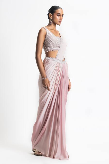 Nitika Gujral_Pink Satin, Net Sequins, Beads Square Pre-draped Saree And Embroidered Blouse Set _Online_at_Aza_Fashions