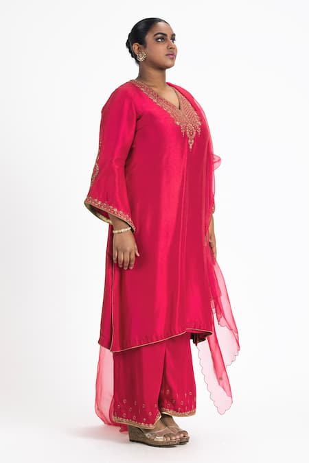 Nitika Gujral_Red Silk, Satin, Organza Embroidery, Zari, Diamonds V-neck Kurta Palazzo Set _Online_at_Aza_Fashions