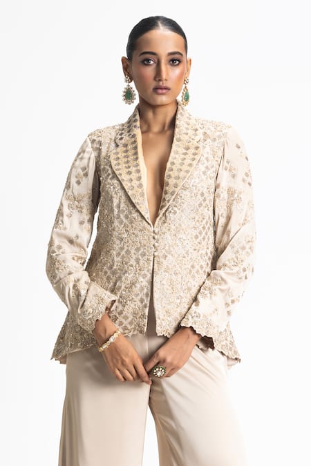 Buy_Nitika Gujral_Gold Satin Sequins, Beads, Zari Collared Embroidered Jacket And Trouser Set _Online_at_Aza_Fashions