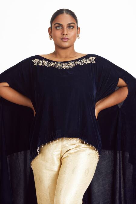 Nitika Gujral Blue Velvet, Lycra, Brocade Tassels, Embroidery Boat Zari Poncho Trouser Set Online at Aza Fashions Nitika Gujral_Blue Velvet, Lycra, Brocade Tassels, Embroidery Boat Zari Poncho Trouser Set _Online_at_Aza_Fashions