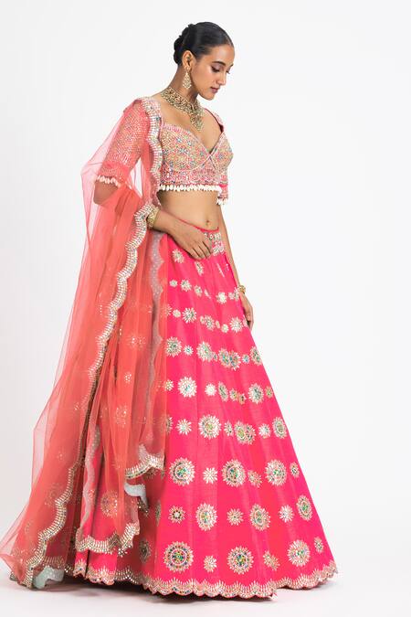 Nitika Gujral_Coral Silk, Net Sequins, Tassels, Embroidery Sweetheart Neck Resham Lehenga Set _Online_at_Aza_Fashions
