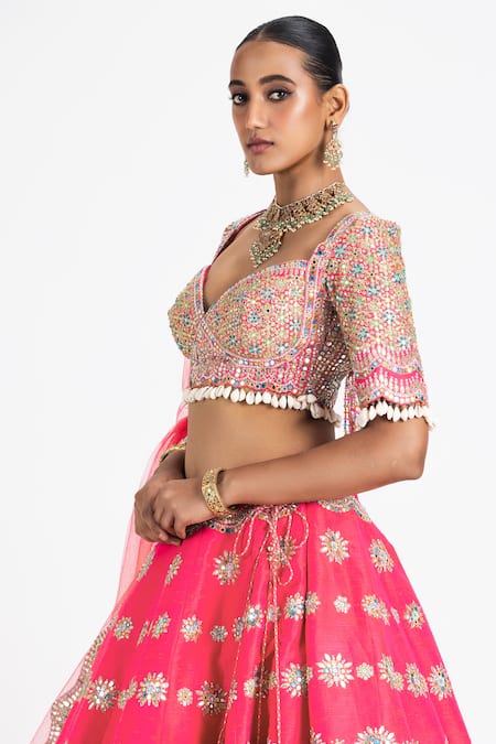 Buy_Nitika Gujral_Coral Silk, Net Sequins, Tassels, Embroidery Sweetheart Neck Resham Lehenga Set _Online_at_Aza_Fashions