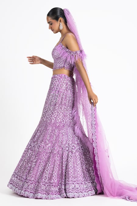 Nitika Gujral_Purple Net, Satin Sequins, Beads, Crystals, Embroidered Fish-cut Lehenga Set _Online_at_Aza_Fashions