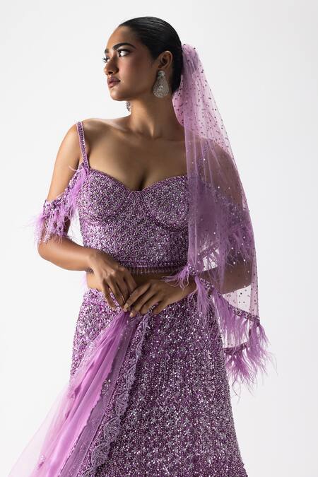 Buy_Nitika Gujral_Purple Net, Satin Sequins, Beads, Crystals, Embroidered Fish-cut Lehenga Set _Online_at_Aza_Fashions