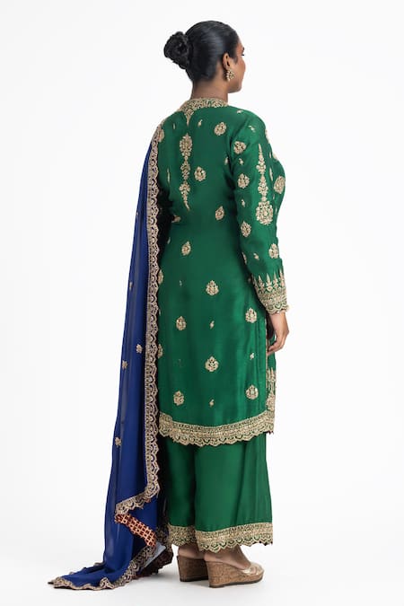 Shop Nitika Gujral Green Silk, Georgette Sequins, Zari Damask Bloom Embroidered Kurta Palazzo Set at Aza Fashions Shop_Nitika Gujral_Green Silk, Georgette Sequins, Zari Damask Bloom Embroidered Kurta Palazzo Set _at_Aza_Fashions