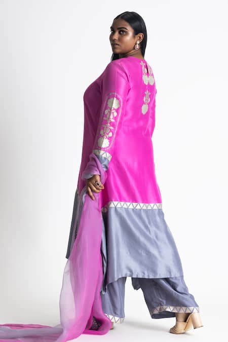 Shop Nitika Gujral Pink Silk, Organza Applique, Brocade Roseate Color Block Kurta Palazzo Set at Aza Fashions Shop_Nitika Gujral_Pink Silk, Organza Applique, Brocade Roseate Color Block Kurta Palazzo Set _at_Aza_Fashions