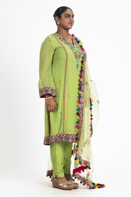 Nitika Gujral_Green Georgette, Silk, Net Pom-poms Resham Patra Embroidered Kurta Pant Set _Online_at_Aza_Fashions