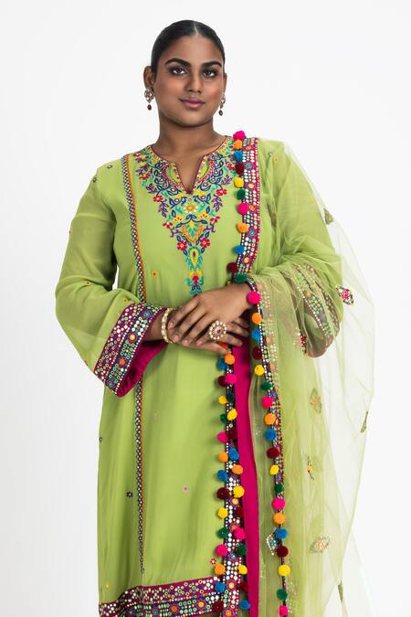 Buy_Nitika Gujral_Green Georgette, Silk, Net Pom-poms Resham Patra Embroidered Kurta Pant Set _Online_at_Aza_Fashions