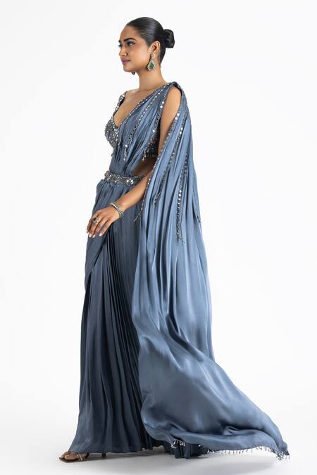 Nitika Gujral_Grey Satin, Organza Mirrors, Beads V-neck Work Pre-draped Saree With Blouse _Online_at_Aza_Fashions