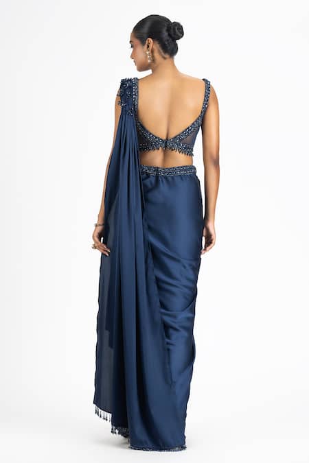 Nitika Gujral Embellished Floral Applique Pre-Draped Saree With Blouse 