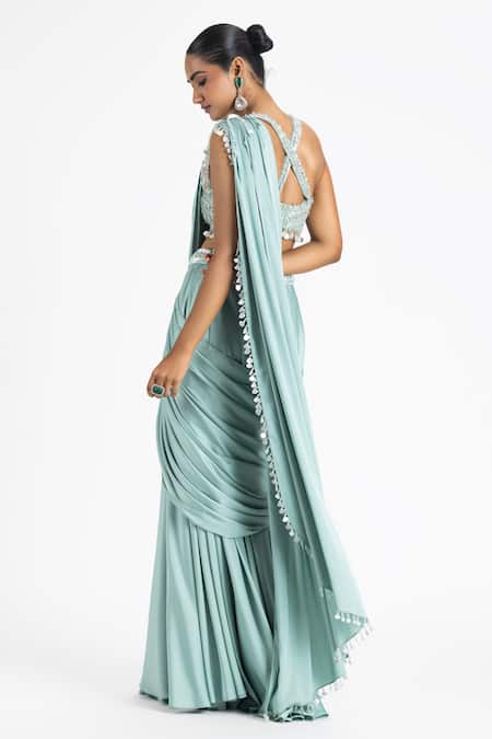 Shop Nitika Gujral Green Satin Beads Sweetheart Neck Tonal Crystal Pre-draped Saree With Blouse at Aza Fashions Shop_Nitika Gujral_Green Satin Beads Sweetheart Neck Tonal Crystal Pre-draped Saree With Blouse _at_Aza_Fashions