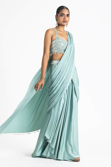 Nitika Gujral Green Satin Beads Sweetheart Neck Tonal Crystal Pre-draped Saree With Blouse Online at Aza Fashions Nitika Gujral_Green Satin Beads Sweetheart Neck Tonal Crystal Pre-draped Saree With Blouse _Online_at_Aza_Fashions