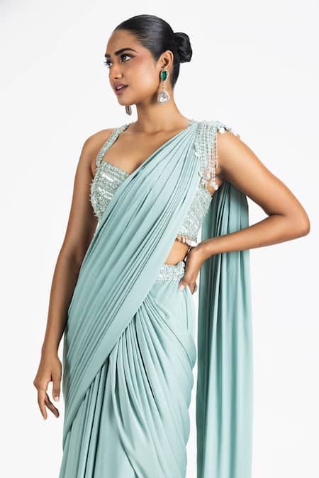 Buy Nitika Gujral Green Satin Beads Sweetheart Neck Tonal Crystal Pre-draped Saree With Blouse Online at Aza Fashions Buy_Nitika Gujral_Green Satin Beads Sweetheart Neck Tonal Crystal Pre-draped Saree With Blouse _Online_at_Aza_Fashions