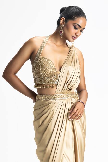 Buy Nitika Gujral Gold Satin, Organza Beads Halter Neck Pleated Pallu Pre-draped Saree With Blouse Online at Aza Fashions Buy_Nitika Gujral_Gold Satin, Organza Beads Halter Neck Pleated Pallu Pre-draped Saree With Blouse _Online_at_Aza_Fashions