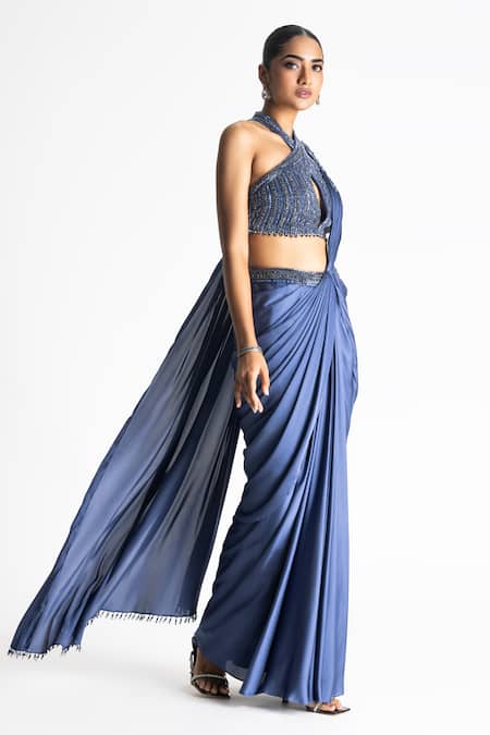 Nitika Gujral_Blue Satin, Organza Beads, Sequins Twisted Pleat Pre-draped Saree With Blouse _Online_at_Aza_Fashions